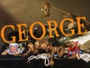 Der Schriftzug "George" prangt über einer Ansammlung verschiedener Gegenstände britischer und hannoverscher Herkunft wie Pokalen, einer Tasse in den Farben des Union Jack und einem kleinen Abbild des Hellebadier. 